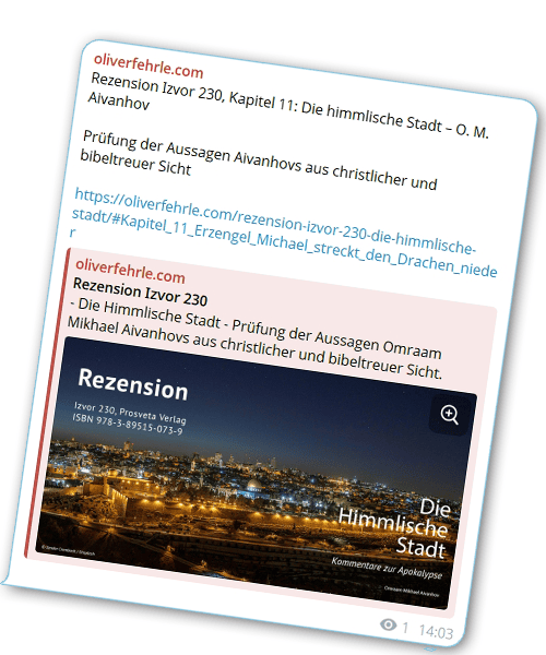 Screenshot des Telegram-Posts vom 08.07.2026 vom 11. Kapitel der Rezension Izvor 230 "Die himmlische Stadt"